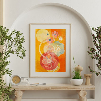 Poster wall art showing 'Bright Blossom Art – Bold Floral Impressions' on a wall with plants