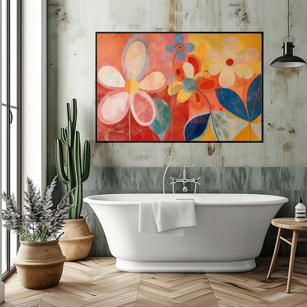 Poster wall art showing 'Bright Blossoms – Lively Floral Artwork' in a bathroom