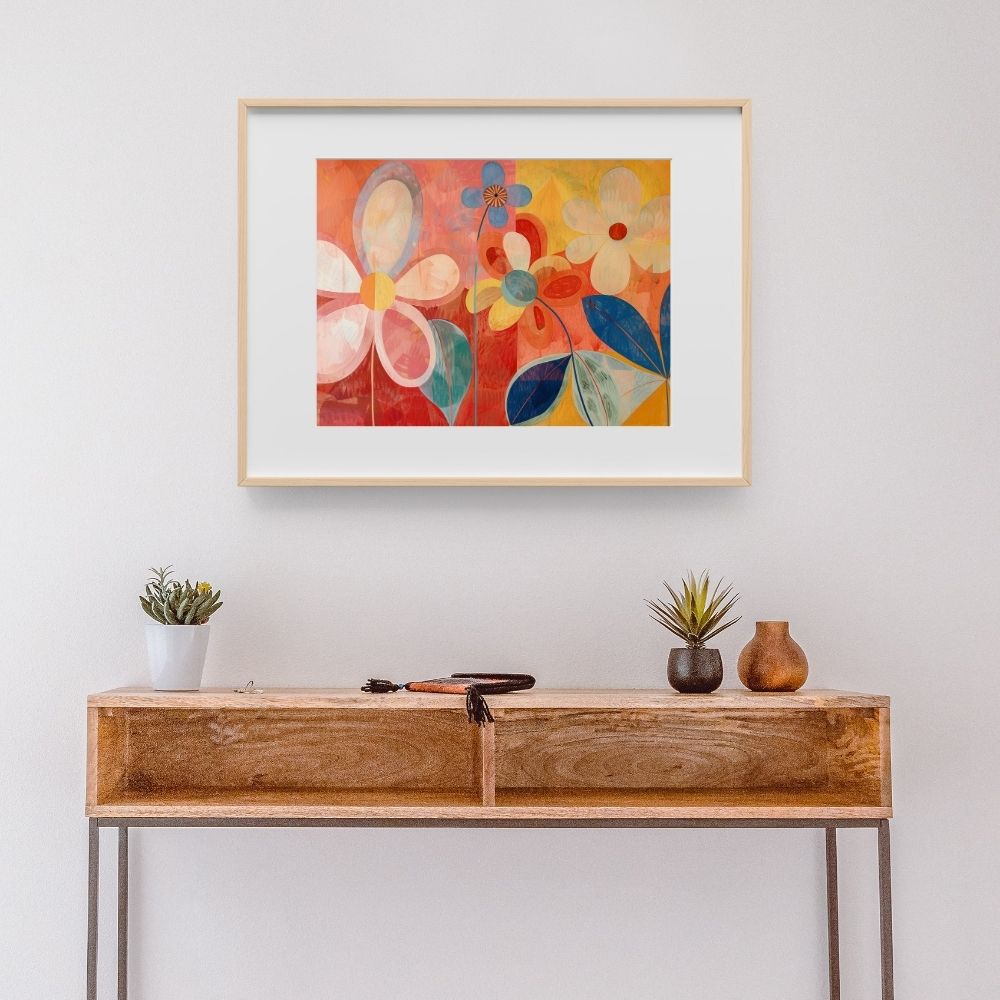 Poster wall art showing 'Bright Blossoms – Lively Floral Artwork' in a hallway