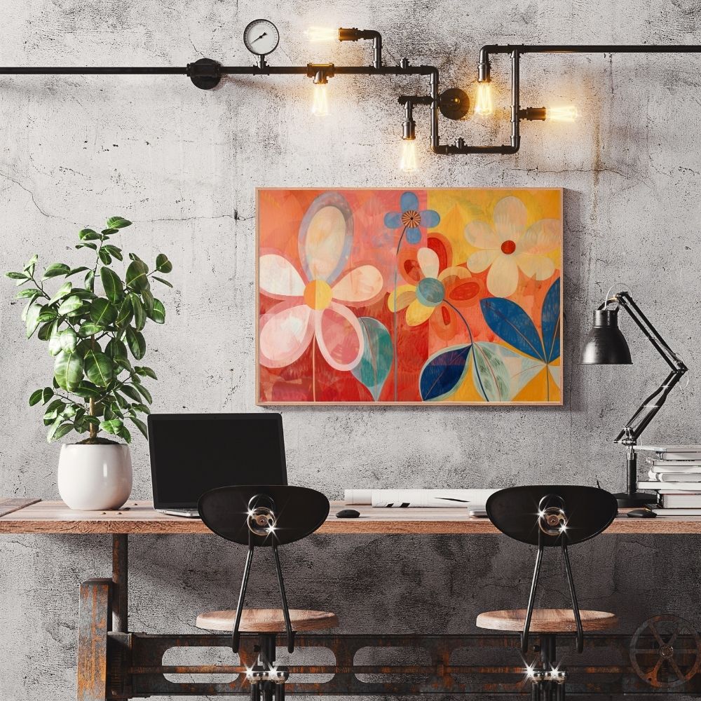 Poster wall art showing 'Bright Blossoms – Lively Floral Artwork' in a home office