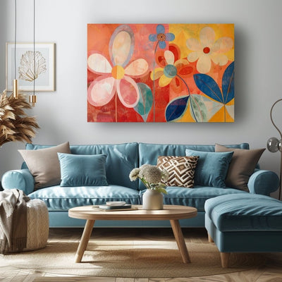 Poster wall art showing 'Bright Blossoms – Lively Floral Artwork' in a living room