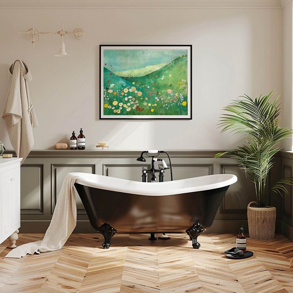 Poster wall art showing 'Butterfly Meadow – Wildflowers in a Lush Valley' in a bathroom