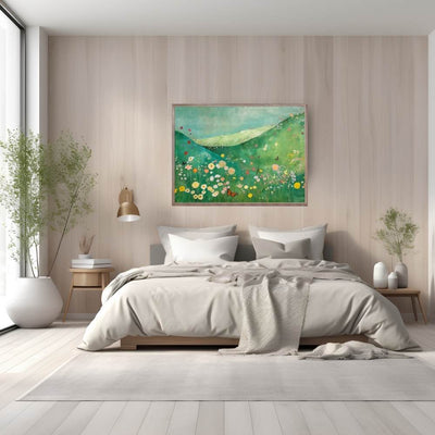 Poster wall art showing 'Butterfly Meadow – Wildflowers in a Lush Valley' in a bedroom