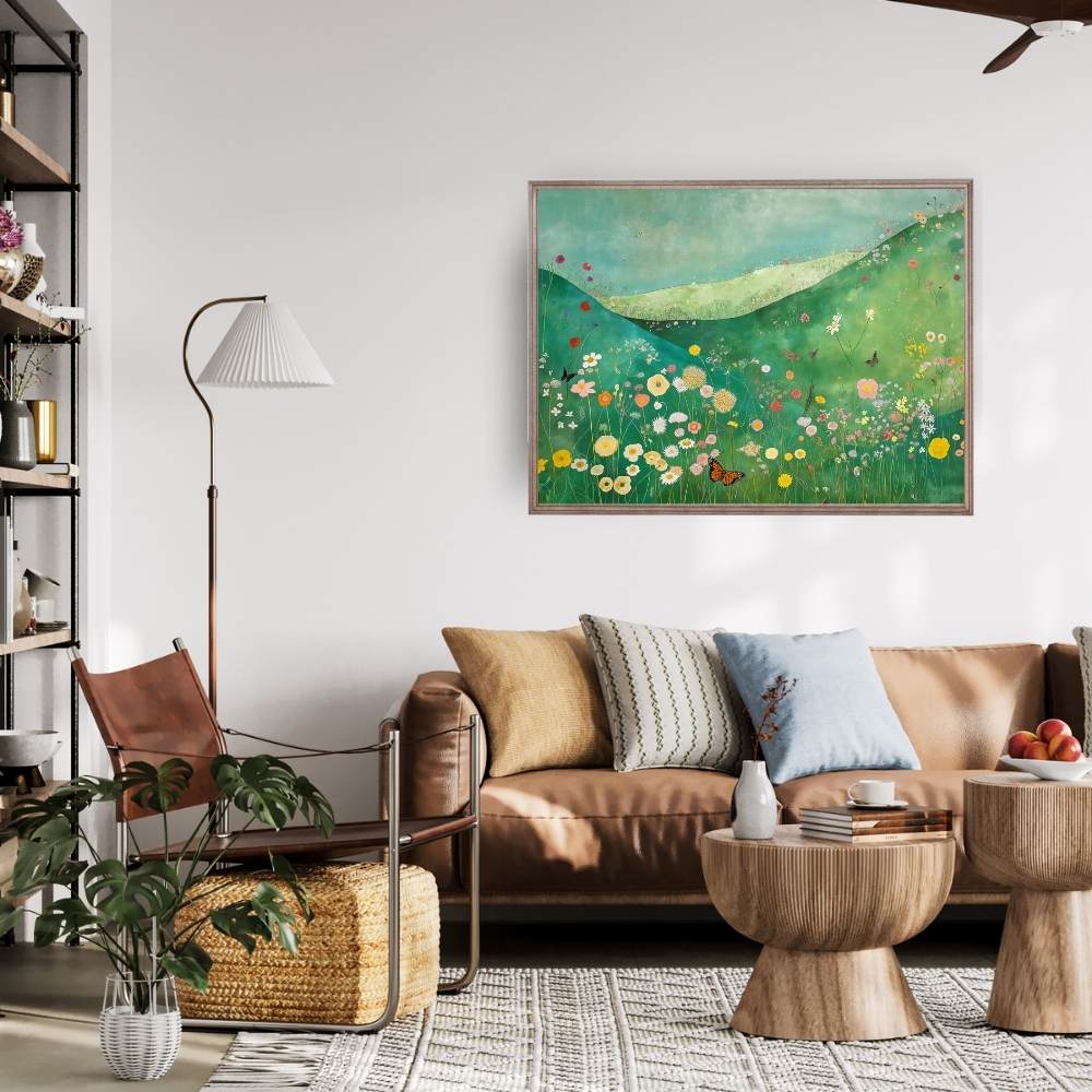 Poster wall art showing 'Butterfly Meadow – Wildflowers in a Lush Valley' in a living room