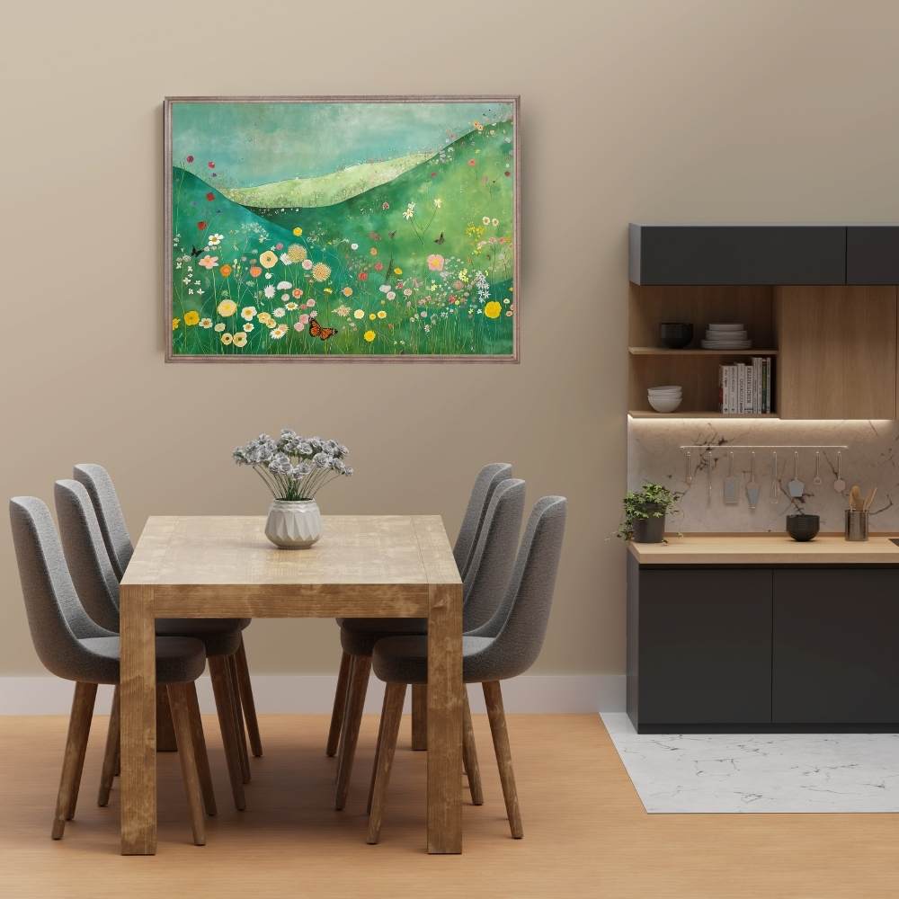 Poster wall art showing 'Butterfly Meadow – Wildflowers in a Lush Valley' in a dining room