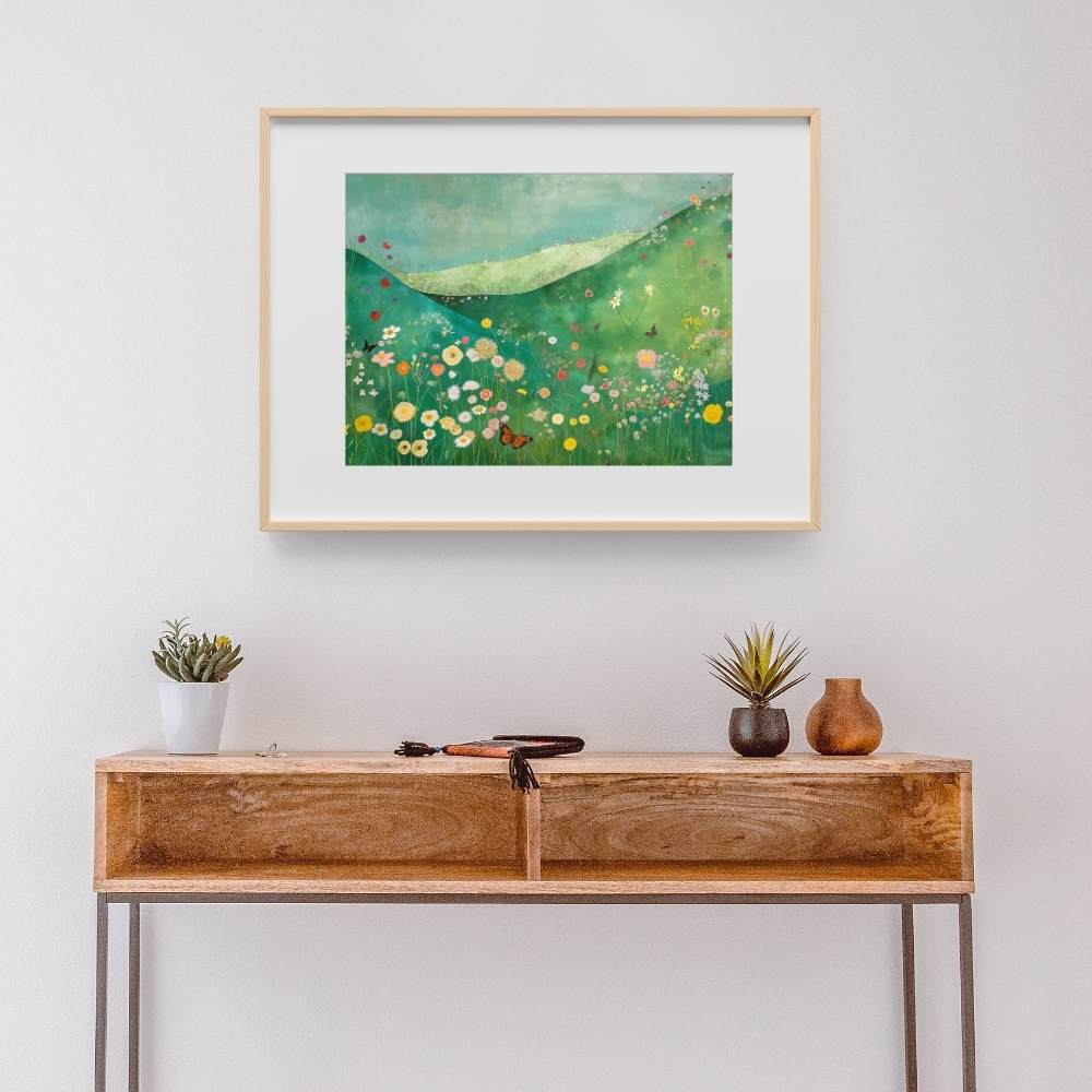 Poster wall art showing 'Butterfly Meadow – Wildflowers in a Lush Valley' in a hallway