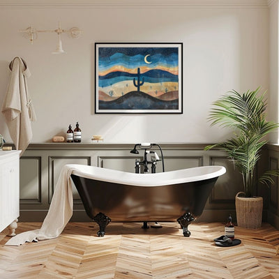 Poster wall art showing 'Cactus under Cosmos – Star-Filled Desert Night' in a bathroom