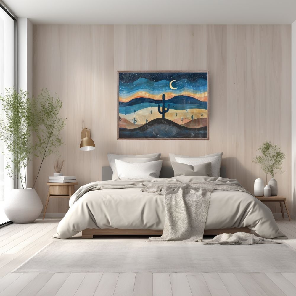 Poster wall art showing 'Cactus under Cosmos – Star-Filled Desert Night' in a bedroom