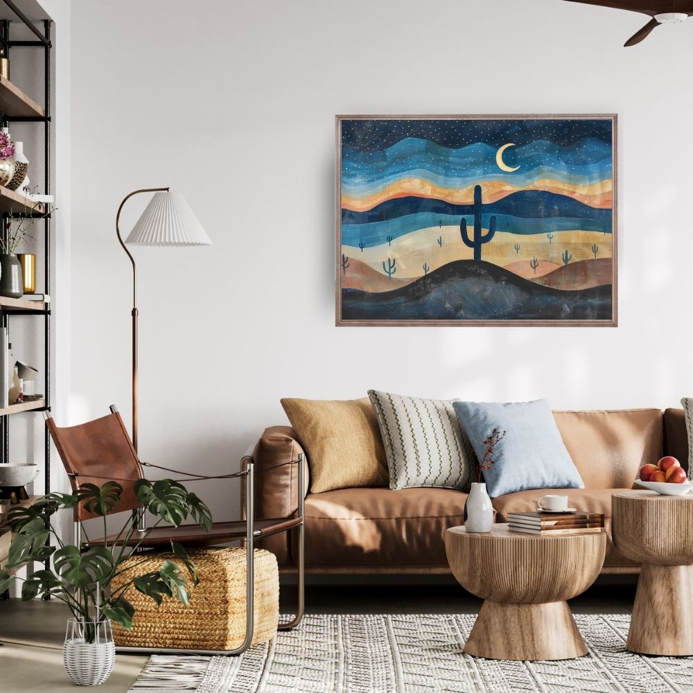 Poster wall art showing 'Cactus under Cosmos – Star-Filled Desert Night' in a living room