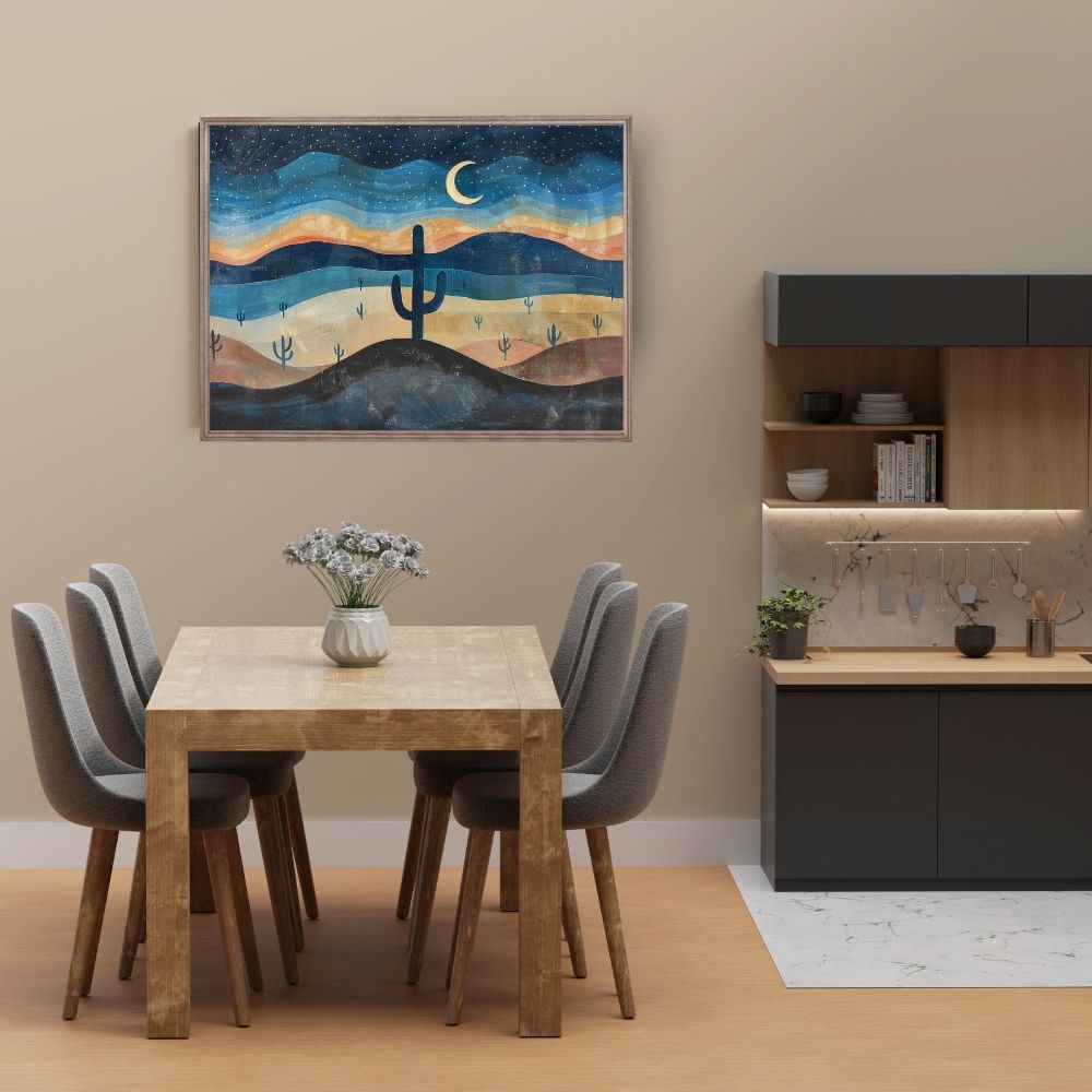 Poster wall art showing 'Cactus under Cosmos – Star-Filled Desert Night' in a dining room