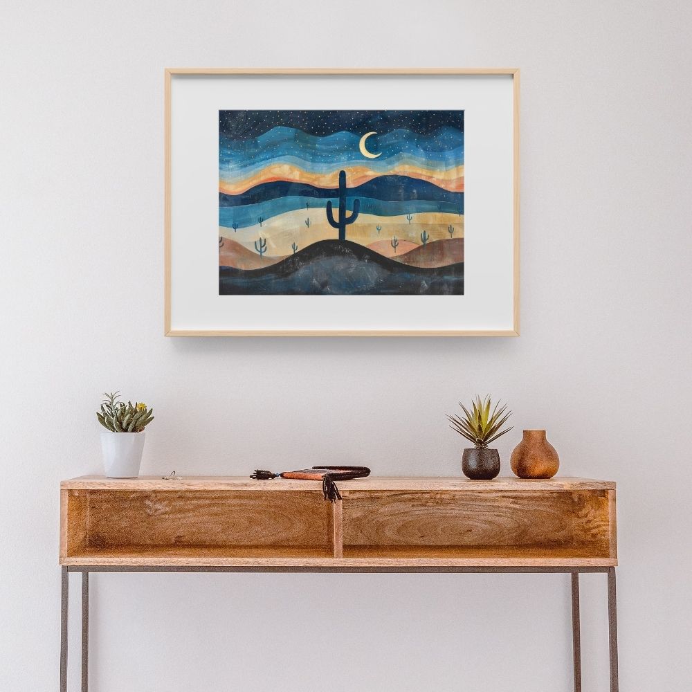 Poster wall art showing 'Cactus under Cosmos – Star-Filled Desert Night' in a hallway