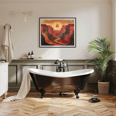 Poster wall art showing 'Canyon Awakening – River Through Rising Sun' in a bathroom