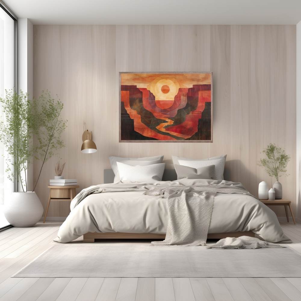 Poster wall art showing 'Canyon Awakening – River Through Rising Sun' in a bedroom