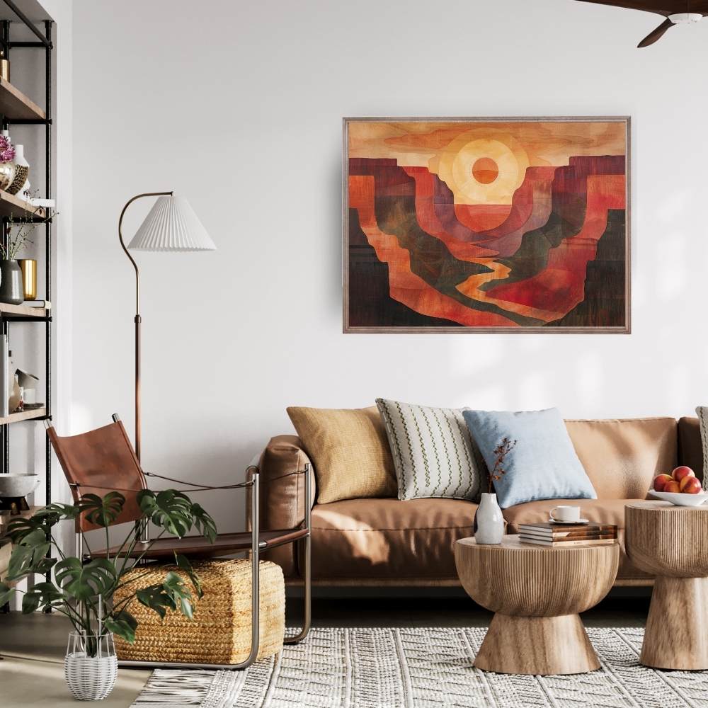 Poster wall art showing 'Canyon Awakening – River Through Rising Sun' in a living room