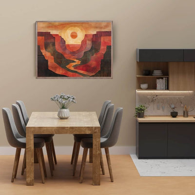 Poster wall art showing 'Canyon Awakening – River Through Rising Sun' in a dining room