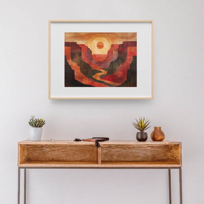 Poster wall art showing 'Canyon Awakening – River Through Rising Sun' in a hallway