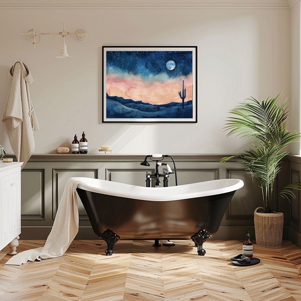 Poster wall art showing 'Celestial Desert – Starlit Sky with Cactus Silhouette' in a bathroom