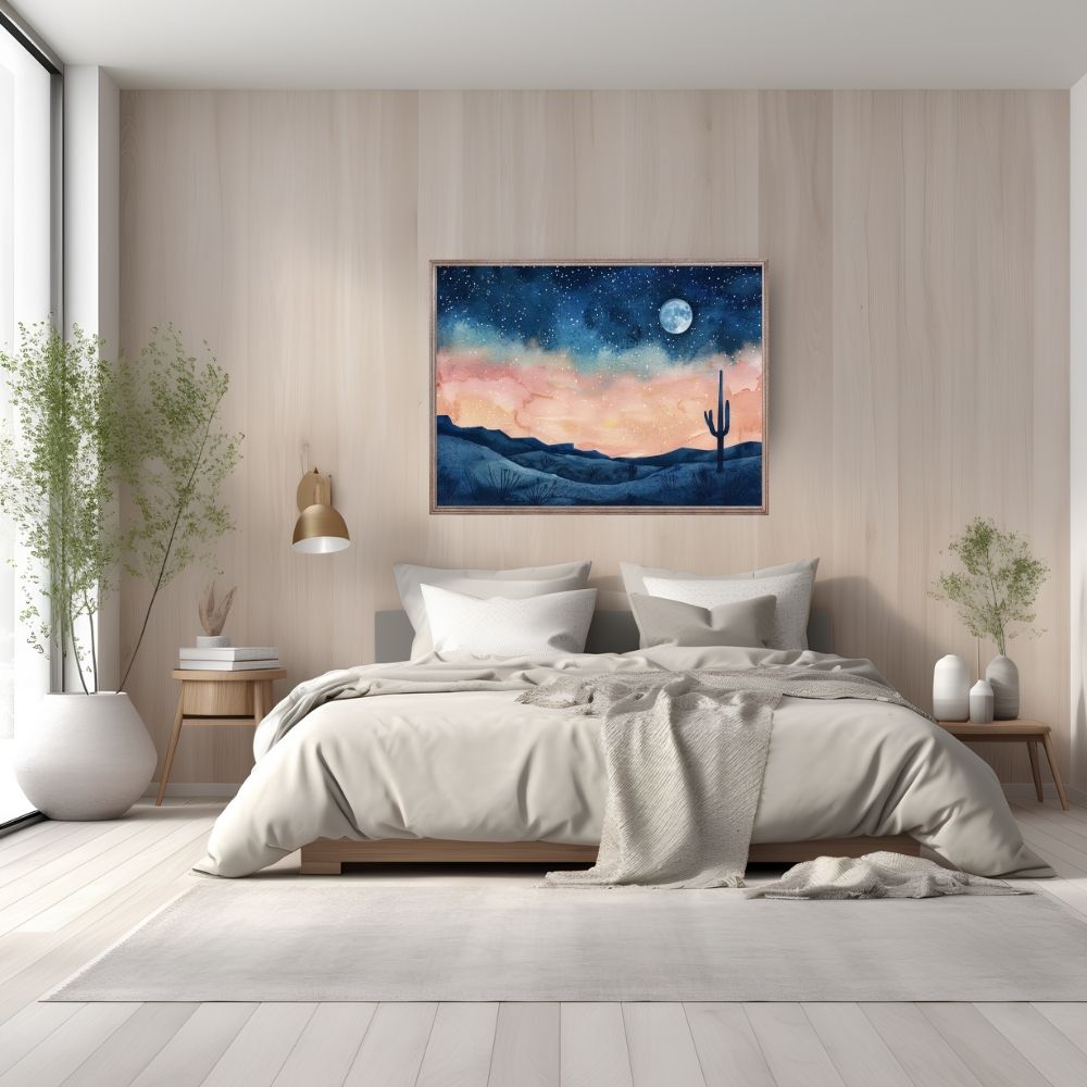 Poster wall art showing 'Celestial Desert – Starlit Sky with Cactus Silhouette' in a bedroom