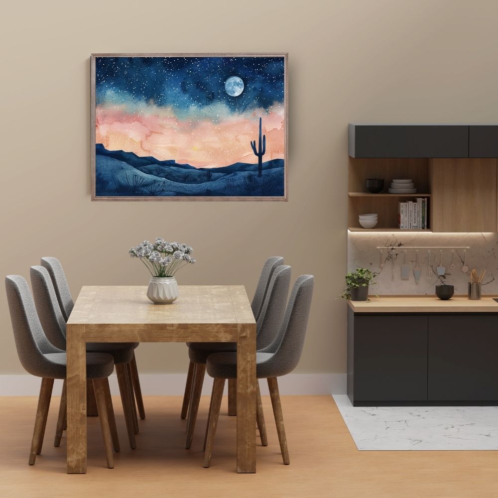 Poster wall art showing 'Celestial Desert – Starlit Sky with Cactus Silhouette' in a dining room