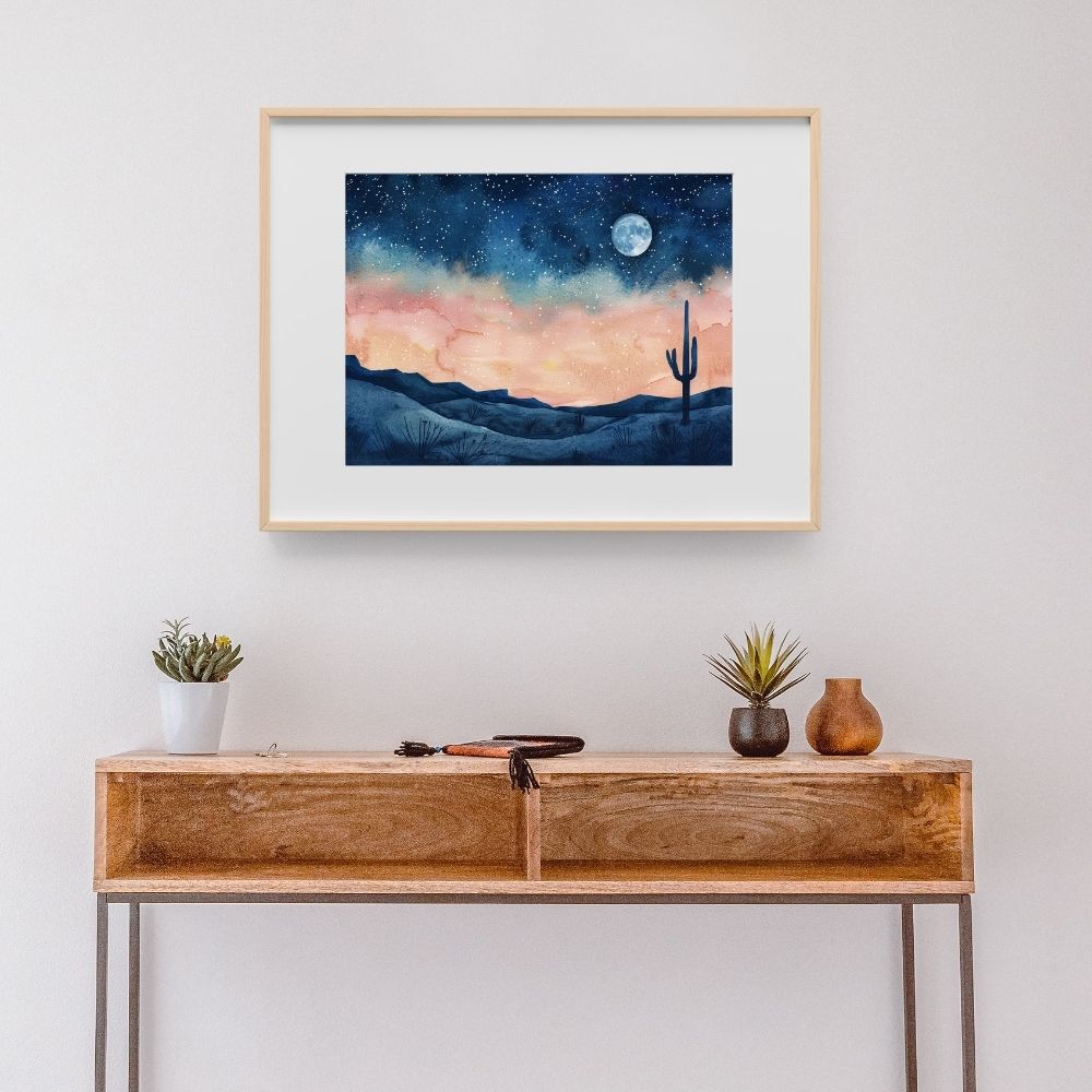 Poster wall art showing 'Celestial Desert – Starlit Sky with Cactus Silhouette' in a hallway