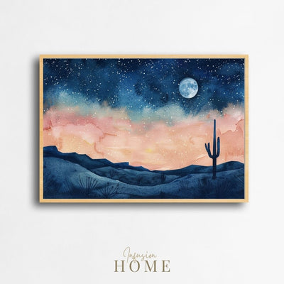 Poster wall art showing 'Celestial Desert – Starlit Sky with Cactus Silhouette'