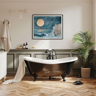 Poster wall art showing 'Cliffside Reverie – Stormy Ocean under a Majestic Moon' in a bathroom