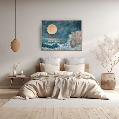 Poster wall art showing 'Cliffside Reverie – Stormy Ocean under a Majestic Moon' in a bedroom