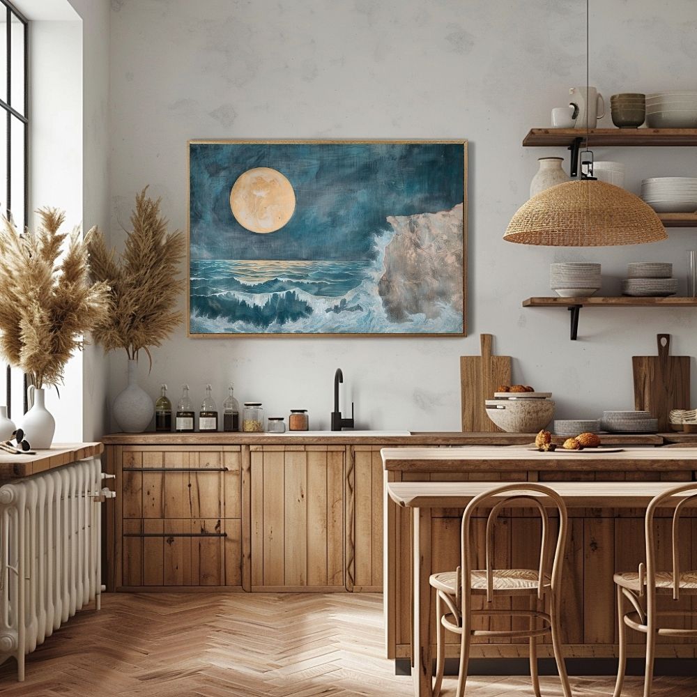 Poster wall art showing 'Cliffside Reverie – Stormy Ocean under a Majestic Moon' in a kitchen