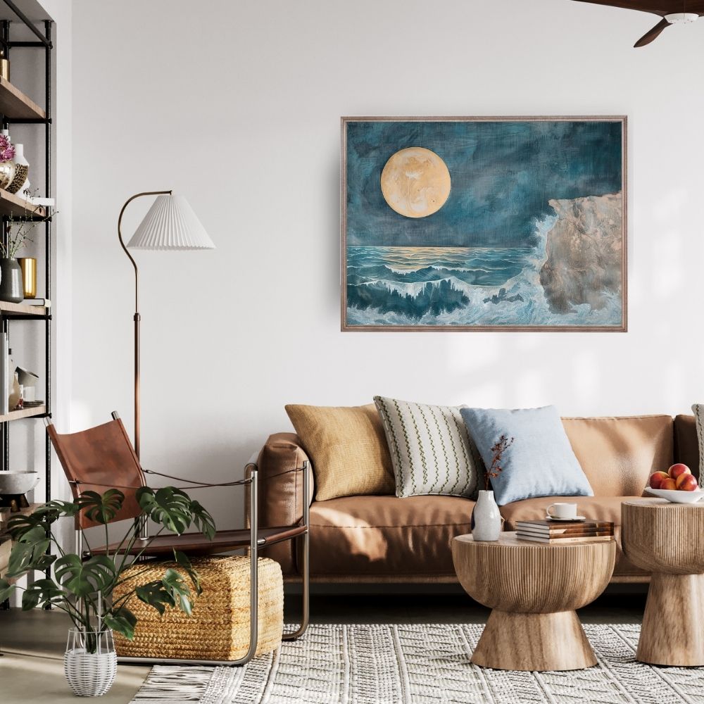 Poster wall art showing 'Cliffside Reverie – Stormy Ocean under a Majestic Moon' in a living room