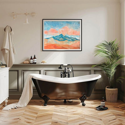 Poster wall art showing 'Clouds Over the Crest – Dramatic Mountain Pass' in a bathroom