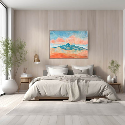 Poster wall art showing 'Clouds Over the Crest – Dramatic Mountain Pass' in a bedroom