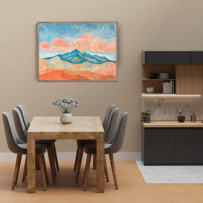 Poster wall art showing 'Clouds Over the Crest – Dramatic Mountain Pass' in a dining room