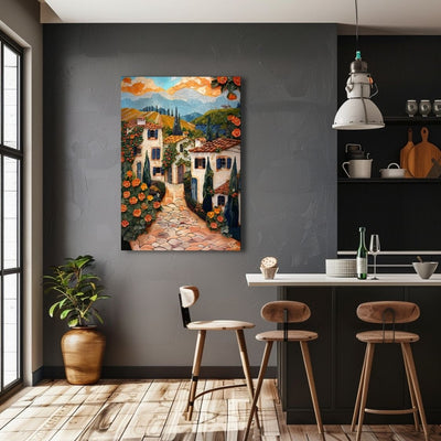 Poster wall art showing 'Flowery Facades - Colorful Impasto of French Streets' in a kitchen