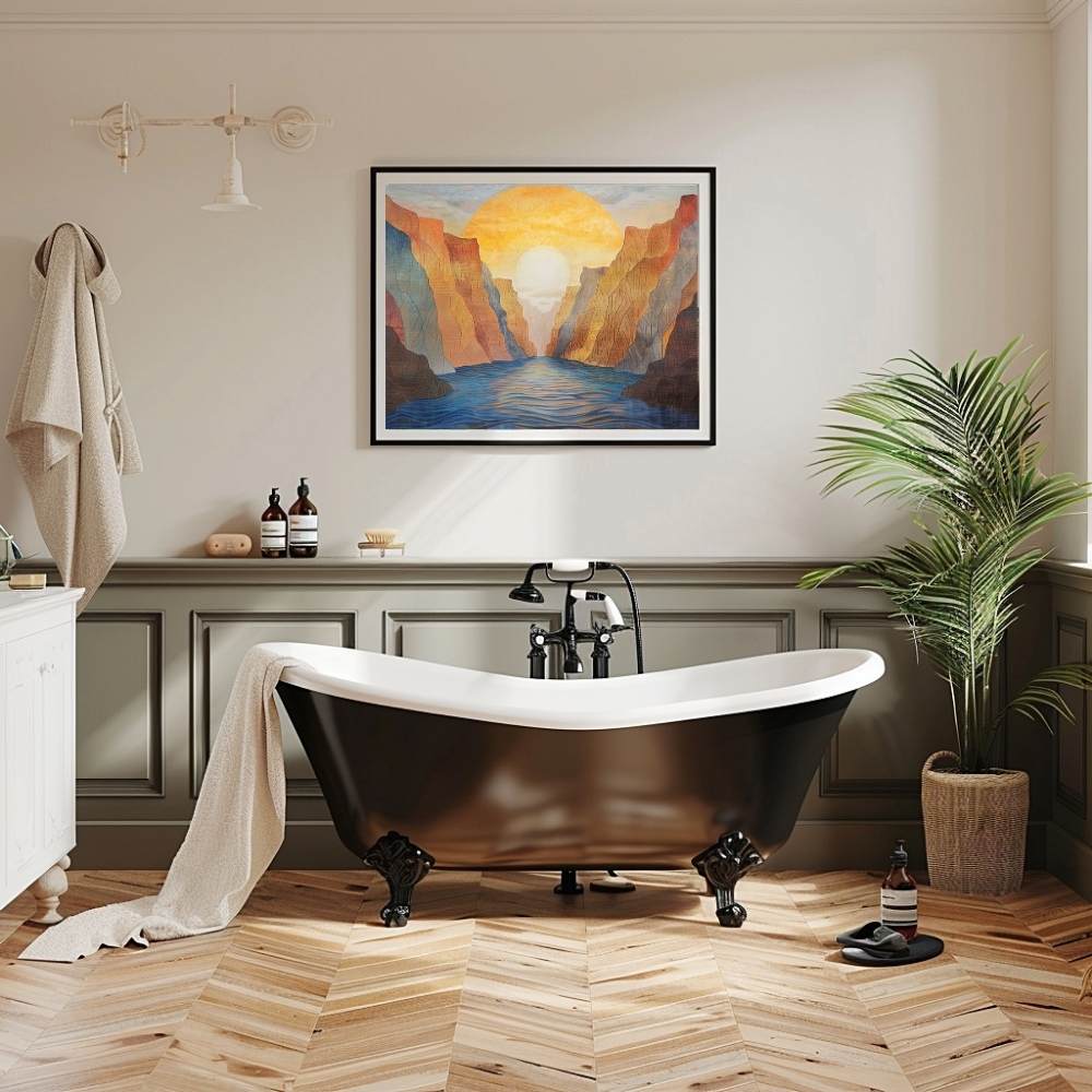 Poster wall art showing 'Dawn in the Depths – Sunrise Over Canyon River' in a bathroom