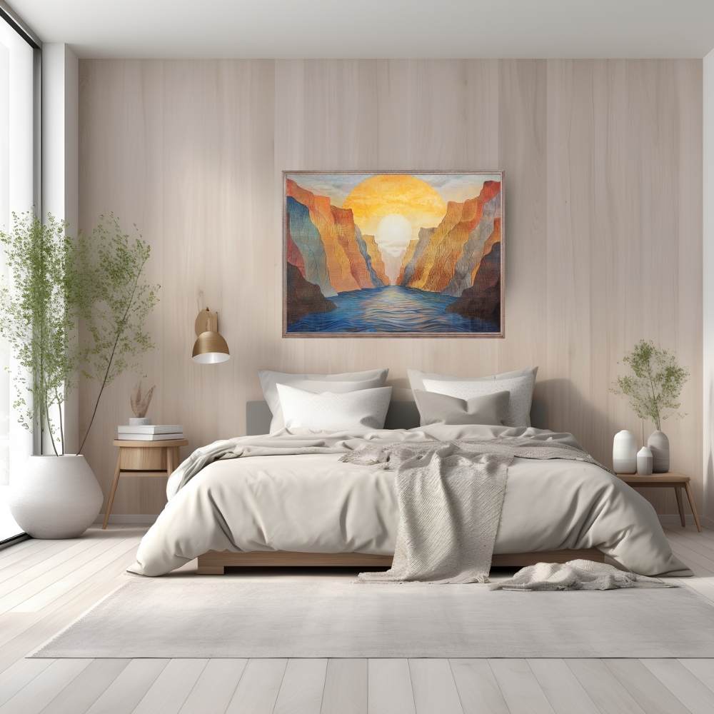 Poster wall art showing 'Dawn in the Depths – Sunrise Over Canyon River' in a bedroom