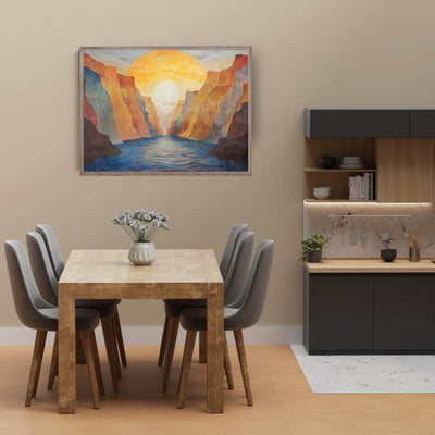 Poster wall art showing 'Dawn in the Depths – Sunrise Over Canyon River' in a dining room