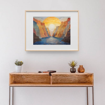 Poster wall art showing 'Dawn in the Depths – Sunrise Over Canyon River' in a hallway