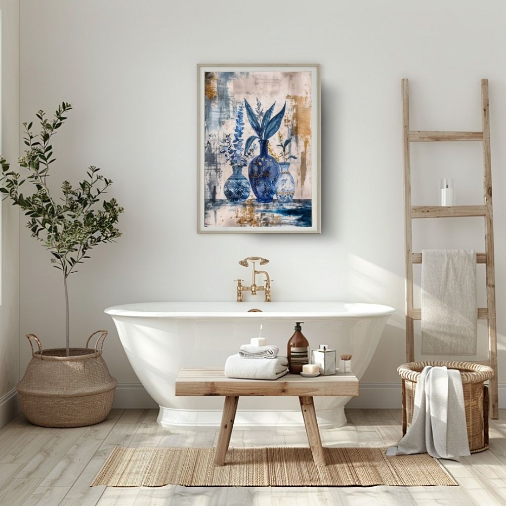 Poster wall art showing 'Deep Blue Calm – Sapphire Floral Motif' in a bathroom