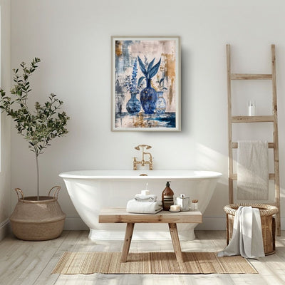 Poster wall art showing 'Deep Blue Calm – Sapphire Floral Motif' in a bathroom