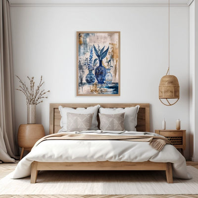 Poster wall art showing 'Deep Blue Calm – Sapphire Floral Motif' in a bedroom