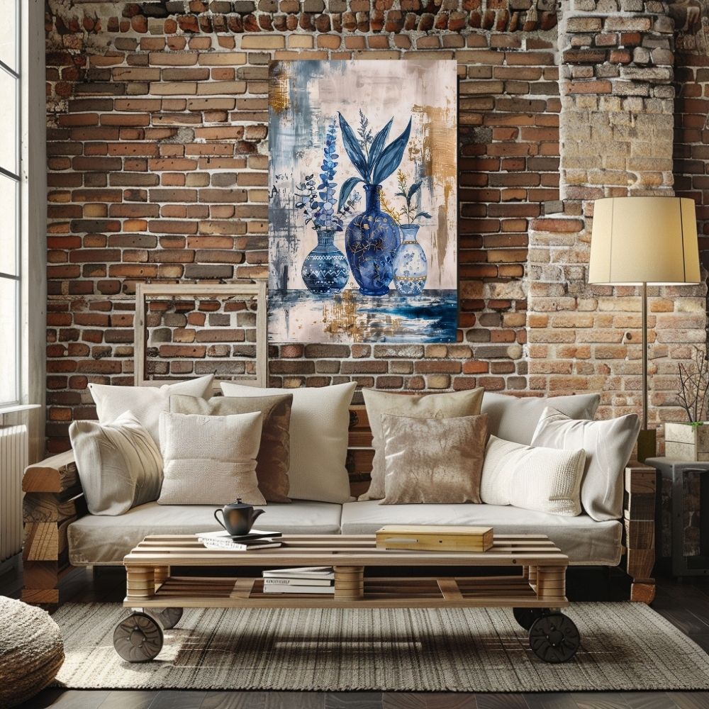 Poster wall art showing 'Deep Blue Calm – Sapphire Floral Motif' in a living room