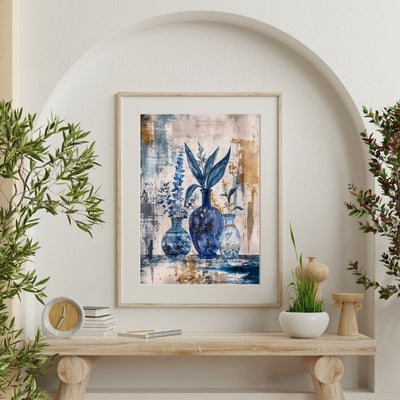 Poster wall art showing 'Deep Blue Calm – Sapphire Floral Motif' on a wall with plants