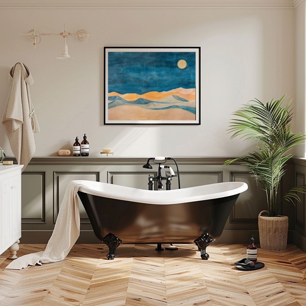 Poster wall art showing 'Desert Nightfall – Dramatic Twilight Sands' in a bathroom