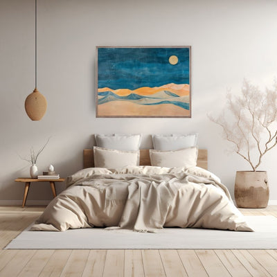 Poster wall art showing 'Desert Nightfall – Dramatic Twilight Sands' in a bedroom