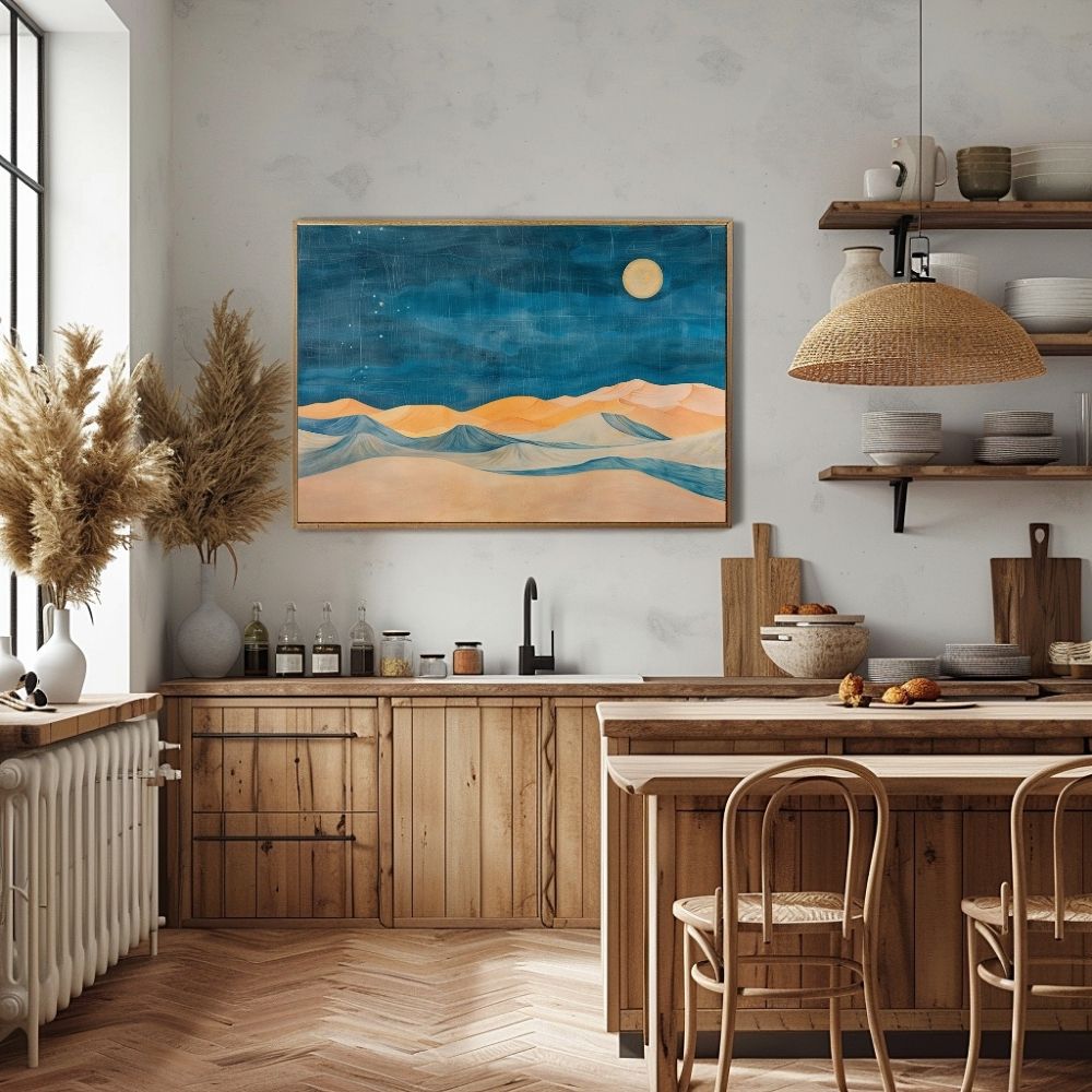 Poster wall art showing 'Desert Nightfall – Dramatic Twilight Sands' in a kitchen