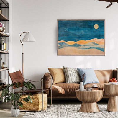 Poster wall art showing 'Desert Nightfall – Dramatic Twilight Sands' in a living room