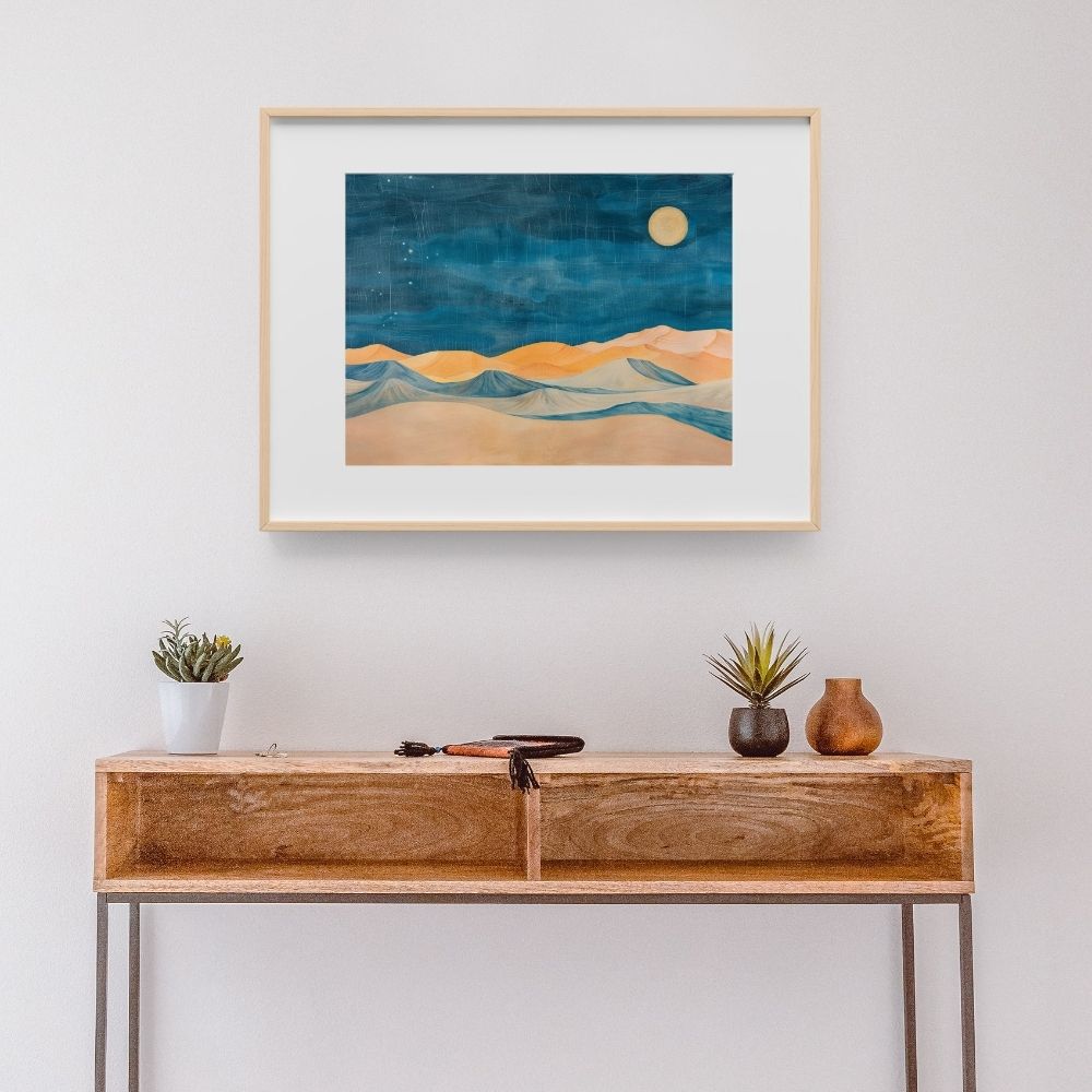 Poster wall art showing 'Desert Nightfall – Dramatic Twilight Sands' in a hallway