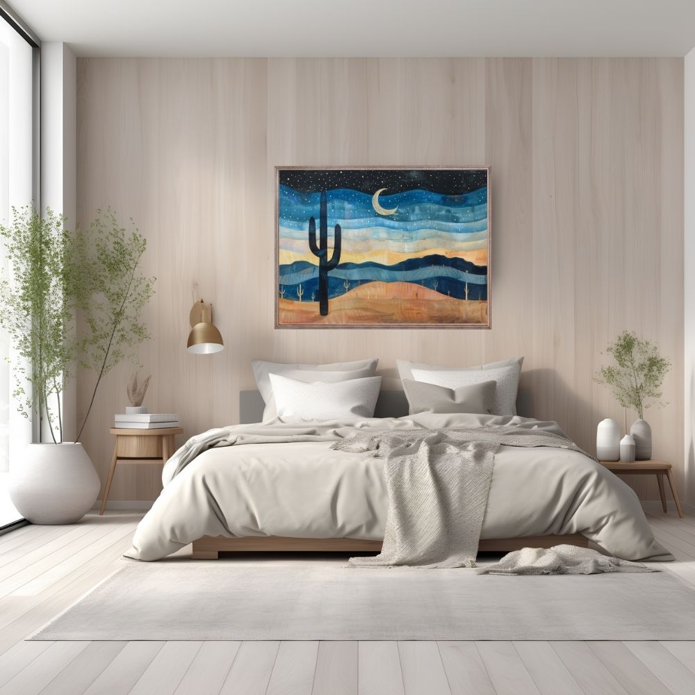 Poster wall art showing 'Desert Starscape – Cactus Under a Starry Sky' in a bedroom