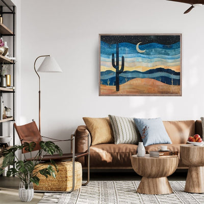 Poster wall art showing 'Desert Starscape – Cactus Under a Starry Sky' in a living room