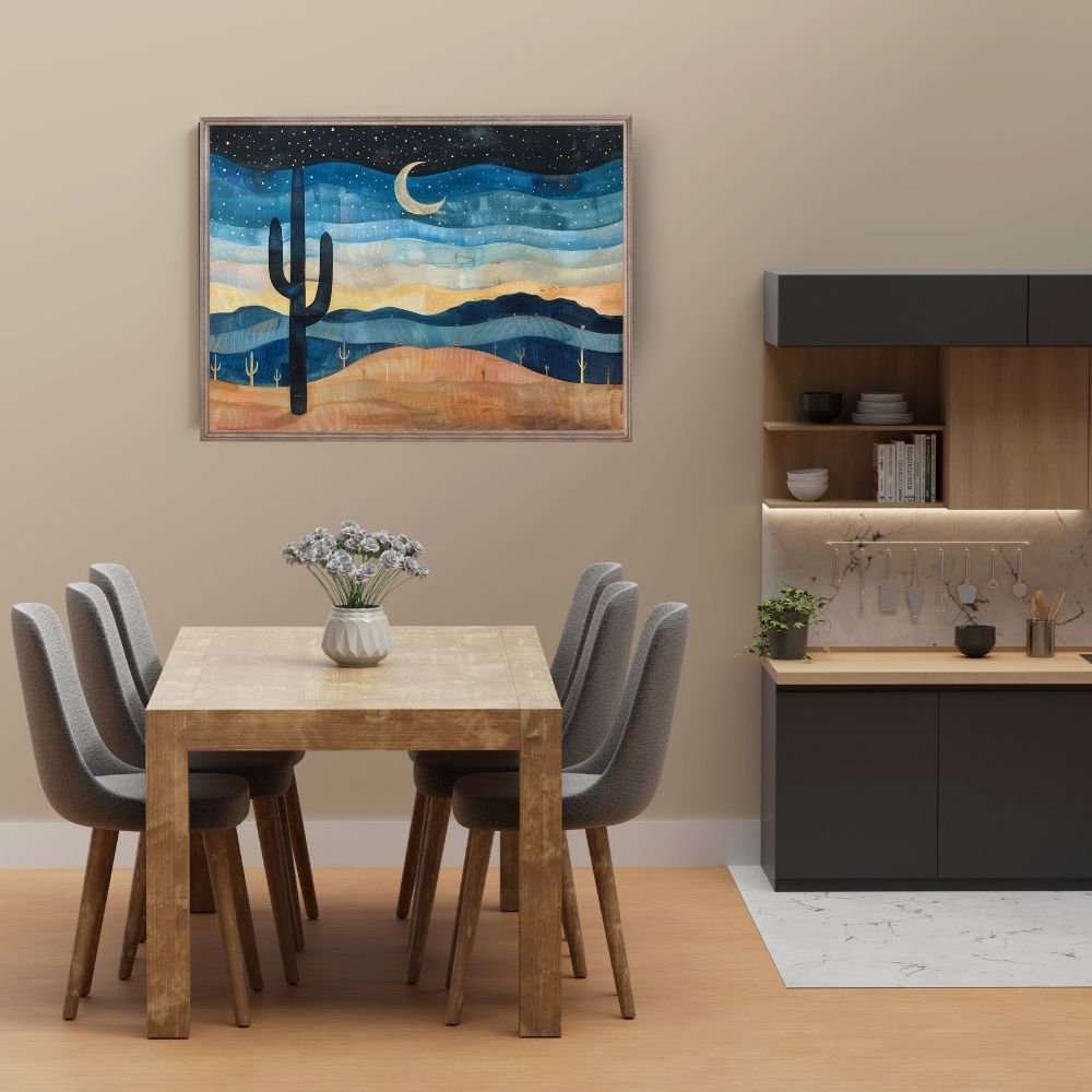 Poster wall art showing 'Desert Starscape – Cactus Under a Starry Sky' in a dining room